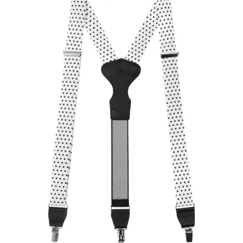 Kšandy Avantgard Látkové šle Y s koženým středem a zapínáním na klipy - 35 mm - v dárkovém balení, 878-197623, Bílá s černými puntíky, černá kůže