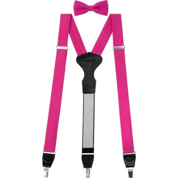 Kšandy Avantgard Set Látkové šle Y s koženým středem a zapínáním na klipy - 35 mm, motýlek a kapesníček, 881-985023, Fuchsiová, černá kůže