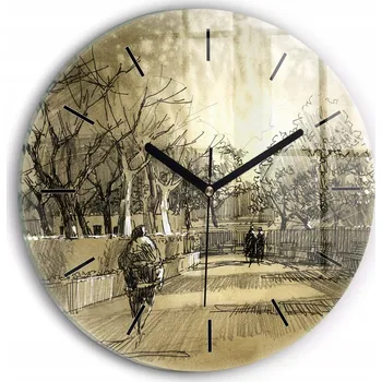 Hodiny Moderní skleněné nástěnné hodiny s potiskem Park a stromy v sépiové barvě průměr 30 cm