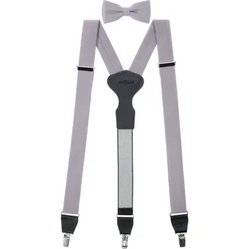 Kšandy Avantgard Set Látkové šle Y s koženým středem a zapínáním na klipy - 35 mm, motýlek a kapesníček, 881-984923, Šedá, černá kůže