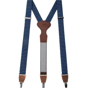 Kšandy Avantgard Látkové šle Y s koženým středem a zapínáním na klipy - 35 mm - v dárkovém balení, 878-197863, Modrá s bílými puntíky, tmavě hnědá kůže