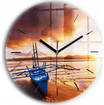 Hodiny Moderní skleněné nástěnné hodiny s potiskem Loďka a západ slunce průměr 30 cm