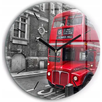 Hodiny Moderní skleněné nástěnné hodiny Červený patrový autobus kulatý průměr 60 cm