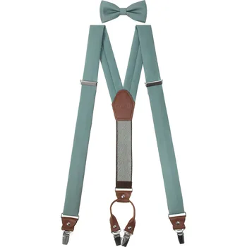 Kšandy Avantgard Set Látkové šle Y s koženým středem a zapínáním na klipy - 35 mm, motýlek a kapesníček, 886-986163, Eukalyptová, tmavě hnědá kůže