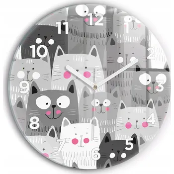 Hodiny Moderní skleněné foto hodiny na zeď s tichým mechanismem - Vzor s kočkami, průměr 30 cm