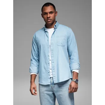 Pánská košile Pánská vzorovaná jemná džínová košile s kapsou - světle modrá V1 OM-SHDS-0179 - S