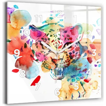 Hodiny Skleněné nástěnné hodiny tiché Kuchyně Abstrakce divoká kočka 30x30