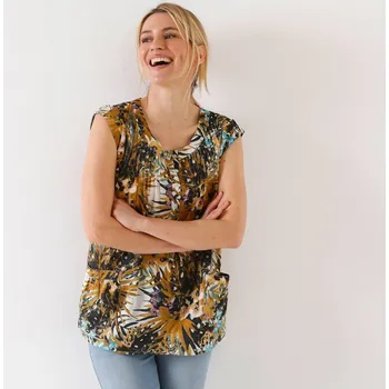 Tunika s výstřihem na knoflíčky a tropickým potiskem medová 36