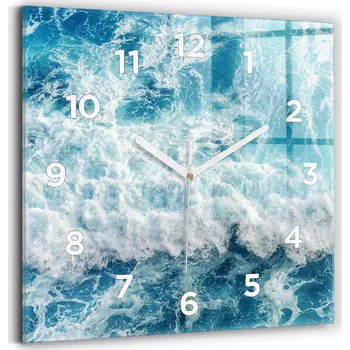 Hodiny Skleněné nástěnné hodiny do obýváku se stylovým potiskem Vlny oceánu 30x30 cm