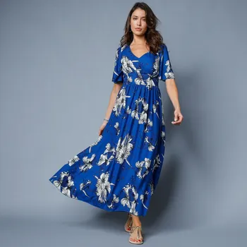 Dámské šaty Dlouhé šaty se širokými rukávy a s potiskem květin modrá 36