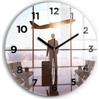 Hodiny Ozdobné nástěnné hodiny s krásnou grafikou Muž na letišti kulatý průměr 30 cm