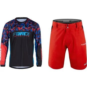 cyklistický dres Force RECKLESS černo-červeno-modrý mtb dres - dl. rukáv + Force BLADE MTB červené šortky S + DÁREK