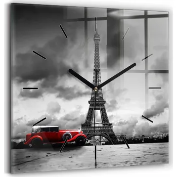 Hodiny Minimalistické Skleněné Nástěnné Hodiny s Motivem Eiffelovy Věže Paříž 30x30 cm
