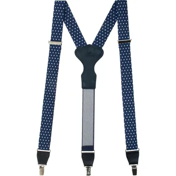 Kšandy Avantgard Látkové šle Y s koženým středem a zapínáním na klipy - 35 mm - v dárkovém balení, 878-197823, Modrá s bílými puntíky, černá kůže