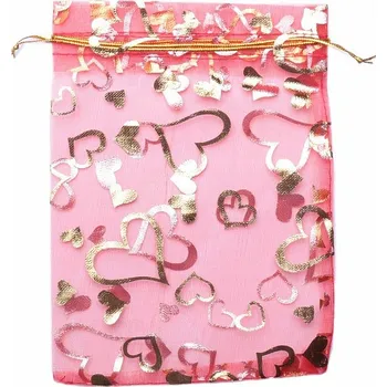 Dárková taška Dárkový sáček organza 13 x 18 cm červený se srdíčky 13 x 18 cm