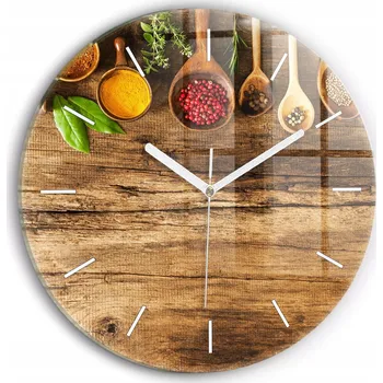 Hodiny Moderní skleněné nástěnné hodiny s potiskem Koření Lžíce kulatý průměr 30 cm