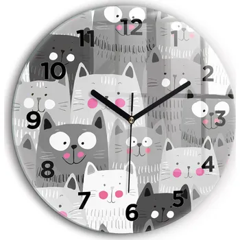 Hodiny Skleněné nástěnné hodiny do kanceláře se stylovým potiskem - motiv kočky, průměr 60 cm