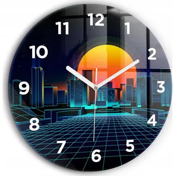 Hodiny Nástěnné čtvercové skleněné hodiny s grafikou Kyberprostor město průměr 60 cm