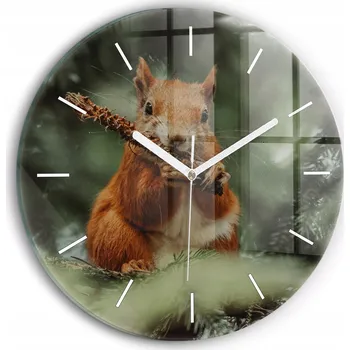 Hodiny Moderní skleněné hodiny s grafikou na zeď Veverka a divoká příroda průměr 30 cm