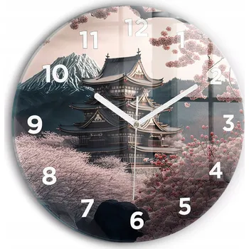 Hodiny Moderní skleněné nástěnné hodiny s potiskem Věž a květiny v Asii fi30 cm