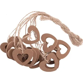 Dekorace na provázku 15ks Srdce, dřevěné, hnědé