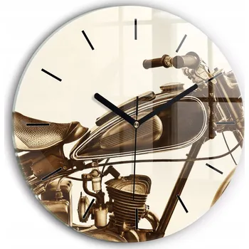 Hodiny Skleněné nástěnné hodiny do kanceláře S Potiskem Sepia, motiv Vintage motorka, průměr 30 cm