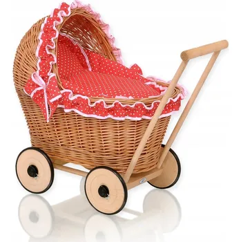 Kočárek pro panenku Proutěný kočárek pro panenky odrážedlo s červeným povlečením a měkkou výstelkou - n