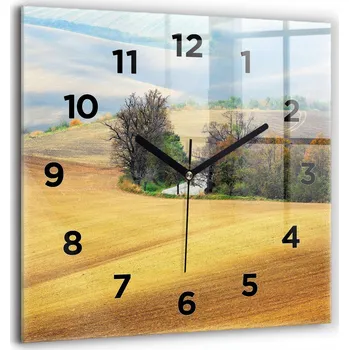 Hodiny Skleněné nástěnné hodiny do kanceláře s motivem Moravy, venkovská krajina, 60x60 cm