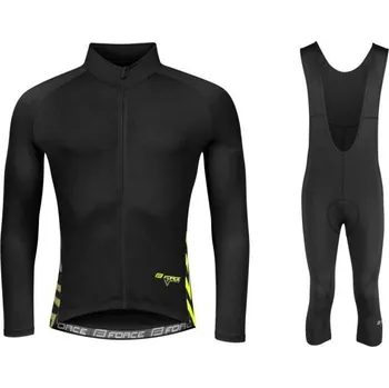 cyklistický dres Force SPIKE černo-fluo cyklodres - dlouhý rukáv + Force MAZE černé cyklokalhoty L + DÁREK