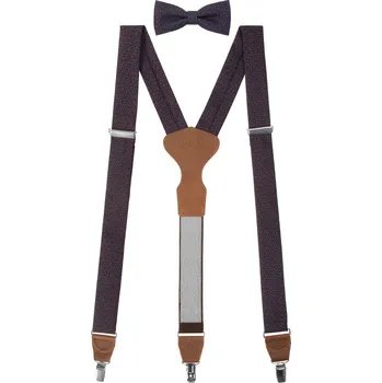 Kšandy Avantgard Set Látkové šle Y s koženým středem a zapínáním na klipy - 35 mm, motýlek a kapesníček modrá, tmavě hnědá kůže 881-197363