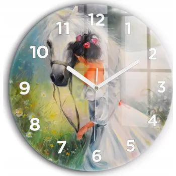 Hodiny Tiché skleněné nástěnné hodiny Krásná žena s koněm bílé ručičky průměr 60 cm