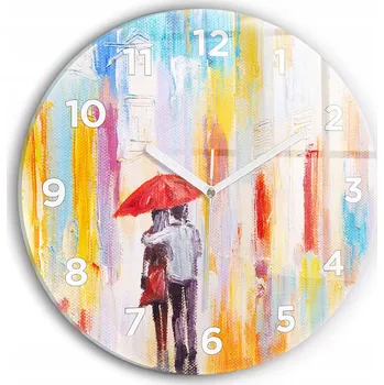 Hodiny Moderní skleněné nástěnné hodiny s potiskem Pár v dešti kulatý průměr 30 cm