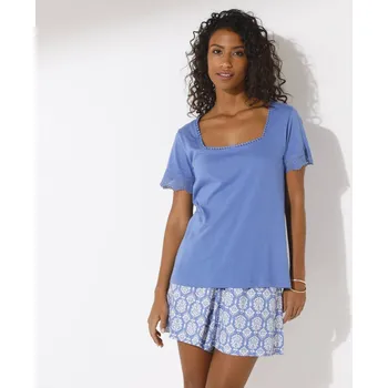 Dámské tričko Tričko se čtvercovým výstřihem a krajkou modrá 38/40