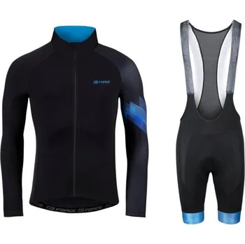 cyklistický dres Force RIDGE černo-modrý cyklistický dres - dlouhý rukáv + Force STRIPE černo-modré cyklokraťasy XS + DÁREK