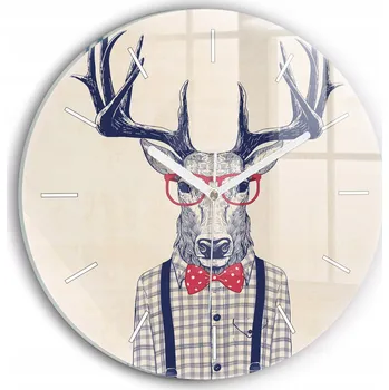 Hodiny Moderní skleněné hodiny s grafikou na zeď Jelen v košili kulatý průměr 30 cm