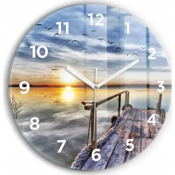 Hodiny Moderní skleněné foto hodiny na zeď Jezero Západ Slunce kulatý průměr 30 cm