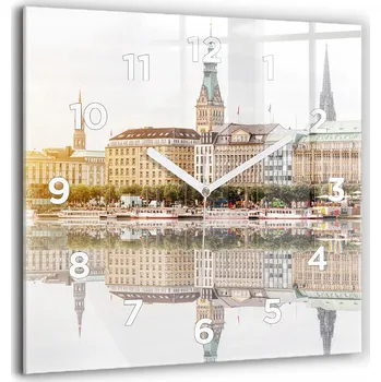 Hodiny Skleněné čtvercové nástěnné hodiny s S Potiskem Řeka Hamburg Německo 60x60 cm