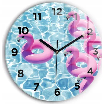Hodiny Moderní skleněné hodiny s grafikou na zeď Pontony plameňáci kulatý průměr 30 cm