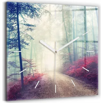 Hodiny Minimalistické Skleněné Foto Hodiny na Zeď Podzimní Cesta Les Mlha 30x30 cm