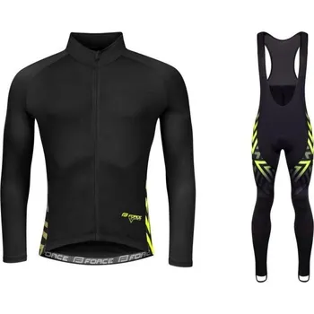 cyklistický dres Force SPIKE černo-fluo cyklodres - dlouhý rukáv + Force SPIKE černo-fluo cyklokalhoty XS + DÁREK