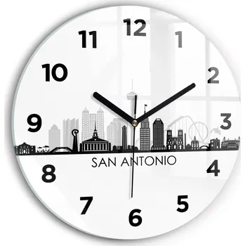 Hodiny Moderní skleněné hodiny s grafikou na zeď Město San Antonio Texas průměr 30 cm