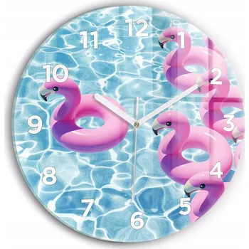 Hodiny Moderní skleněné hodiny s grafikou na zeď Pontony plameňáci kulatý průměr 30 cm