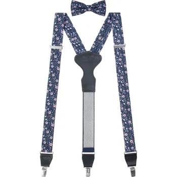 Kšandy Avantgard Set Látkové šle Y s koženým středem a zapínáním na klipy - 35 mm, motýlek a kapesníček modrá/pudrová, tmavě modrá kůže 881-198131