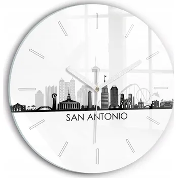 Hodiny Moderní skleněné hodiny s grafikou na zeď Město San Antonio Texas průměr 30 cm