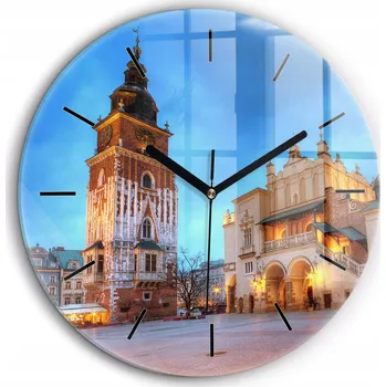 Hodiny Skleněné foto hodiny na zeď Hlavní náměstí v Krakově černé ručičky průměr 60 cm