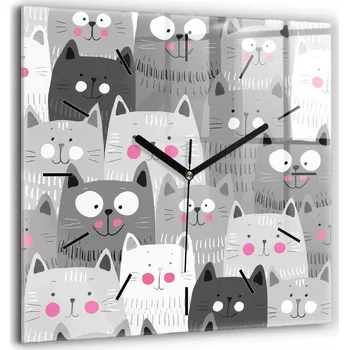 Hodiny Skleněné nástěnné hodiny do kanceláře se stylovým potiskem - Vzor s kočkami 60x60 cm