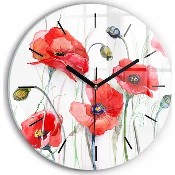 Hodiny Nástěnné čtvercové skleněné hodiny S Potiskem Malované červené vlčí máky průměr 30 cm