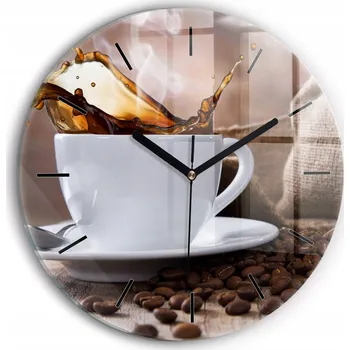 Hodiny Moderní skleněné nástěnné hodiny s s potiskem Šálek kávy, kulatý, průměr 30 cm