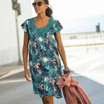 Šaty se sámky a macramé, krepon s tropickým potiskem tyrkysová 48