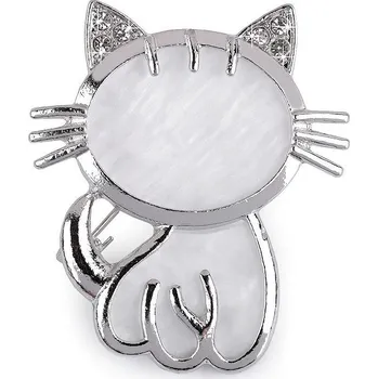 Brož Brož s broušenými kamínky kočka, barva bílá perleť